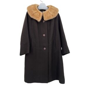 Vintage 60s Brown Wool Coat‎ Palomino Mink Collar Size L Mrs Maisel
